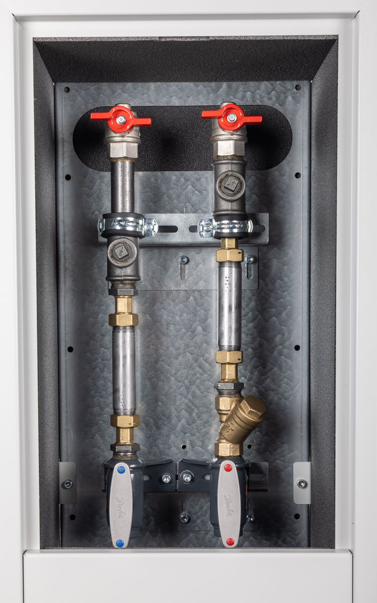 Skab væghængt H775 B380 D250 mm. RAL7035 - målerinstallation - Kompositlåge - Danfoss Enkeltrør DN20 m/m