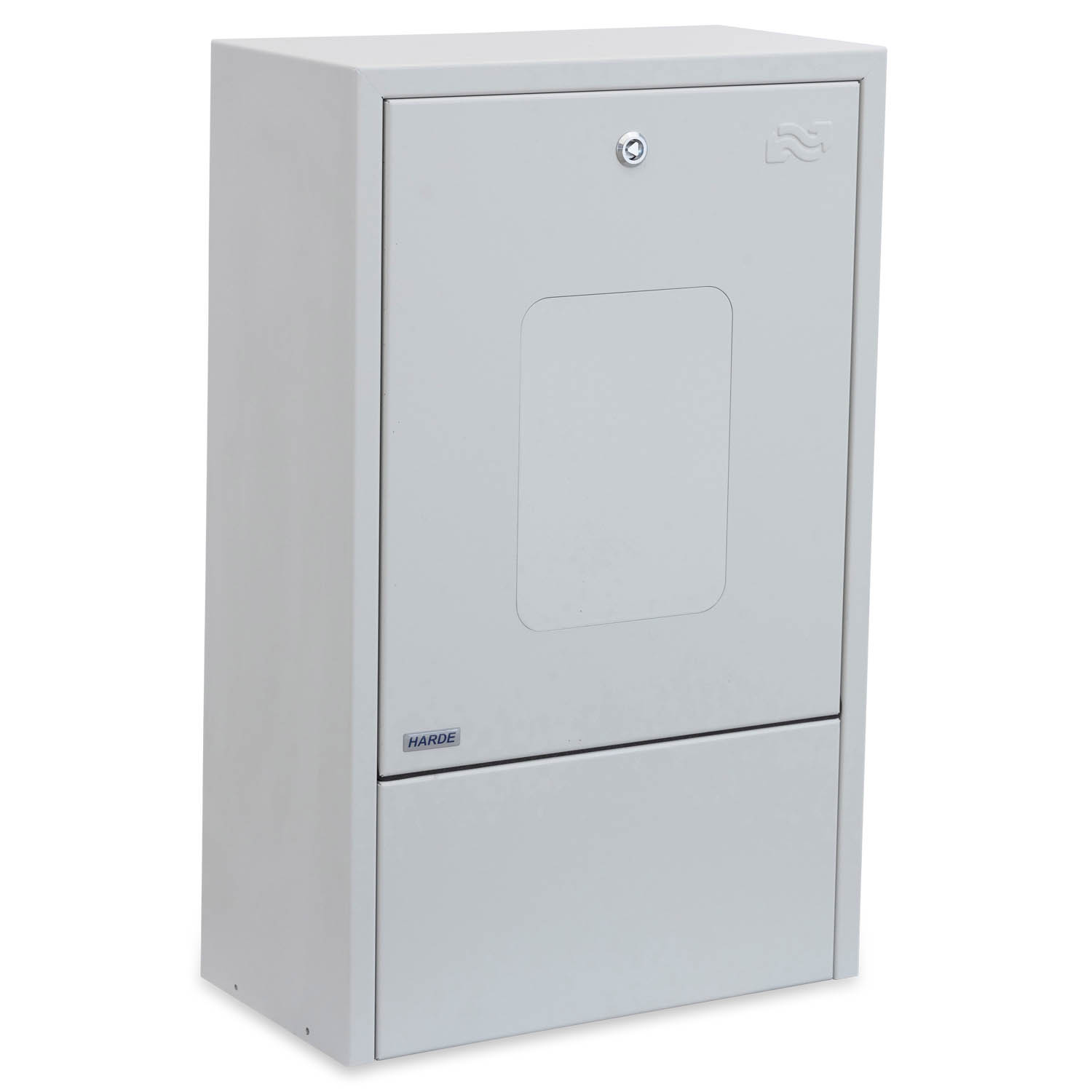 Skab væghængt H775 B480 D250 mm. RAL7035 - kælder/målerinstallation - kompositlåge - Danfoss Twinrør DN20 m/m